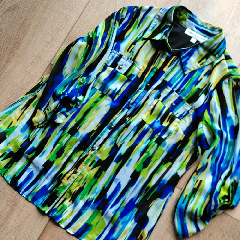 Rebecca Malone Ladies PL Blue and Green Casual Button Down Shirt